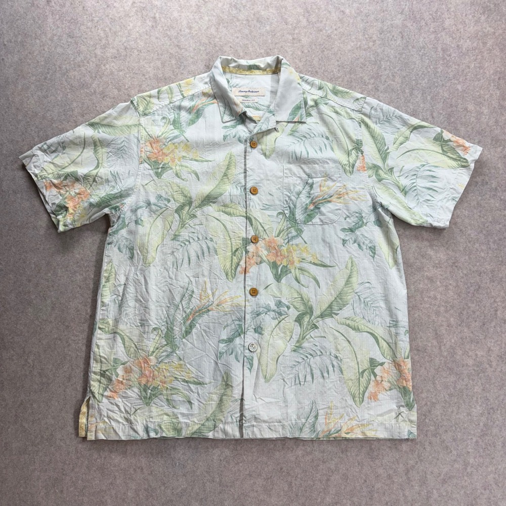 Tommy Bahama Mens Medium Silk Tropical Floral Palm Leaf Button Down Camp Shirt